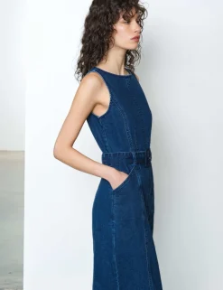 Denim Slash Neck Belted Midi Column Dress