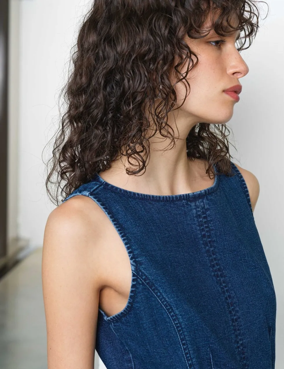 Denim Slash Neck Belted Midi Column Dress