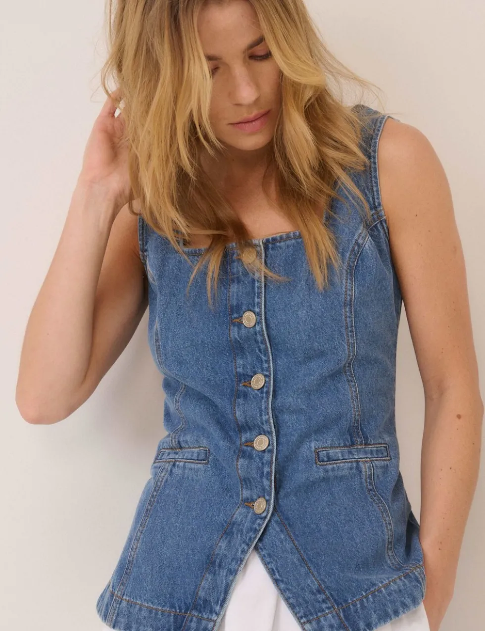 Denim Square Neck Longline Waistcoat