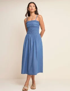 Denim Square Neck Midi Shirred Dress