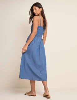 Denim Square Neck Midi Shirred Dress