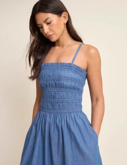 Denim Square Neck Midi Shirred Dress