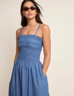Denim Square Neck Midi Shirred Dress