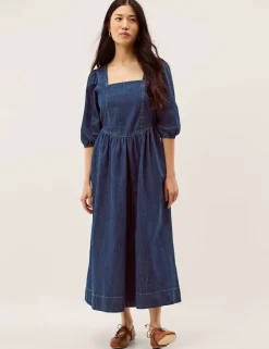 Denim Square Neck Midi Skater Dress