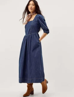 Denim Square Neck Midi Skater Dress