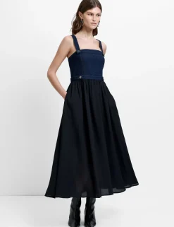 Denim Square Neck Strappy Midi Skater Dress