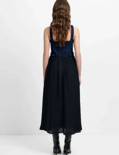 Denim Square Neck Strappy Midi Skater Dress