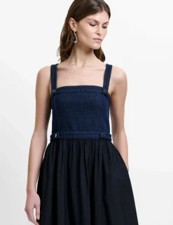Denim Square Neck Strappy Midi Skater Dress