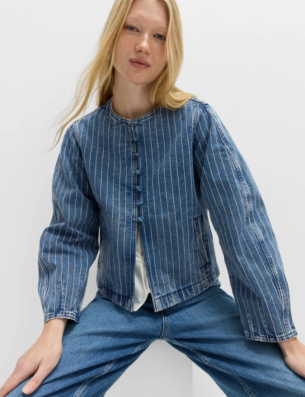 Denim Striped Collarless Jacket