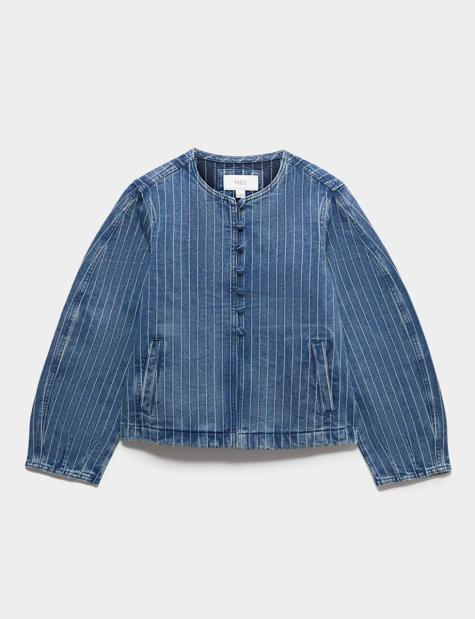 Denim Striped Collarless Jacket