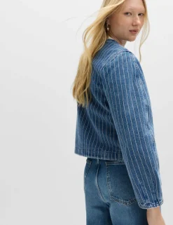 Denim Striped Collarless Jacket