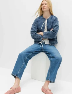 Denim Striped Collarless Jacket