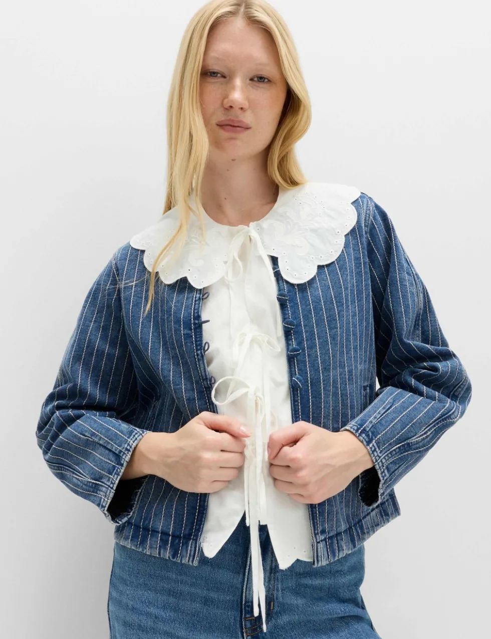Denim Striped Collarless Jacket