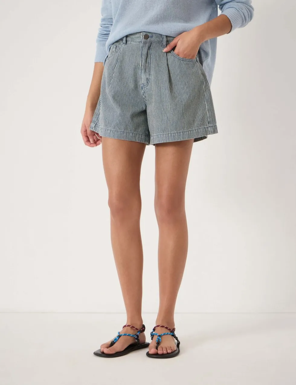 Denim Striped Pleat Front Shorts