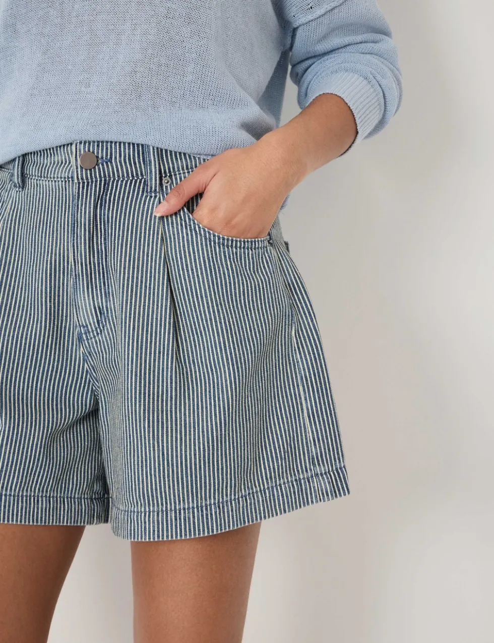 Denim Striped Pleat Front Shorts