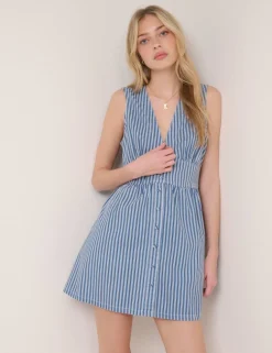 Denim Striped V-Neck Mini Skater Dress