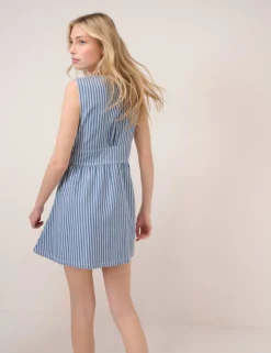 Denim Striped V-Neck Mini Skater Dress