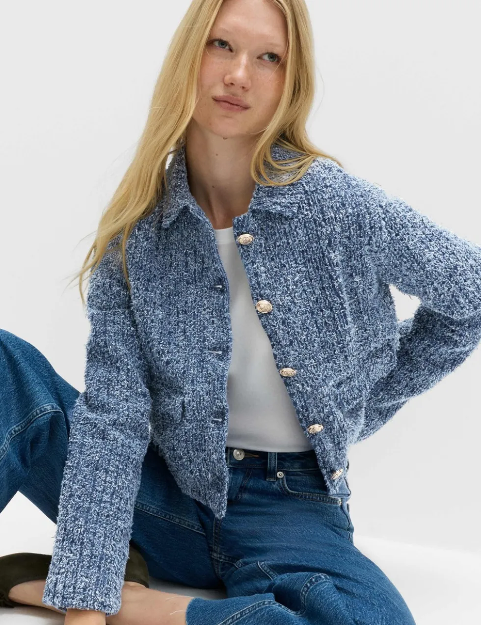 Denim Textured Cropped Jacket