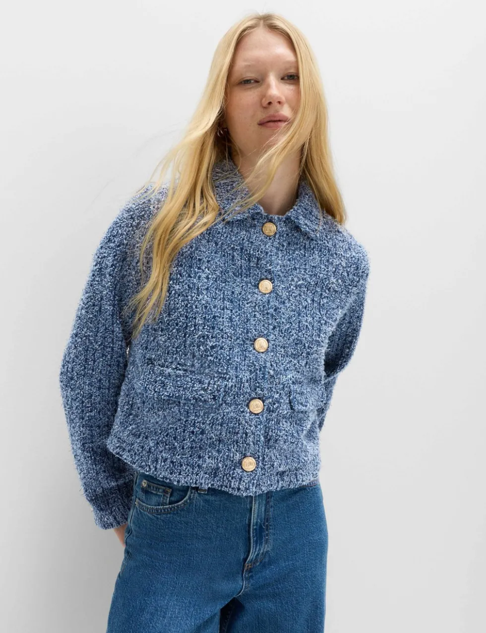 Denim Textured Cropped Jacket