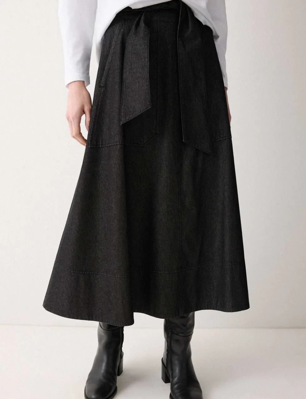 Denim Tie Belt Midi A-Line Skirt