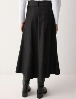 Denim Tie Belt Midi A-Line Skirt