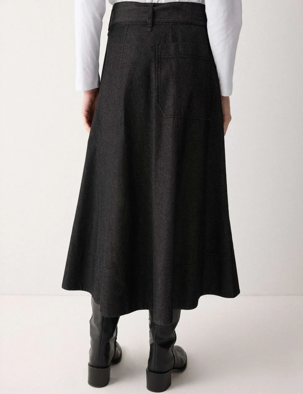 Denim Tie Belt Midi A-Line Skirt