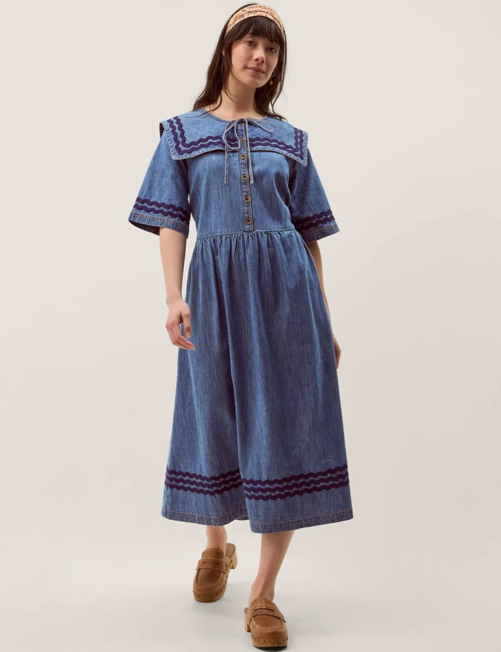 Denim Tie Neck Midi Smock Dress