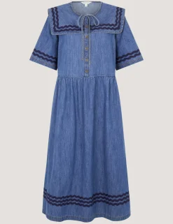 Denim Tie Neck Midi Smock Dress