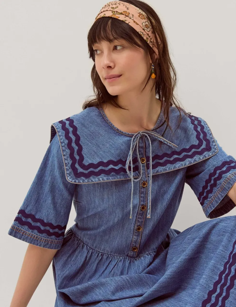 Denim Tie Neck Midi Smock Dress