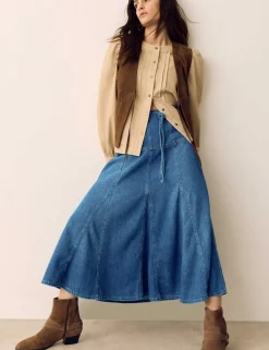 Denim Tie Waist Midi Skirt