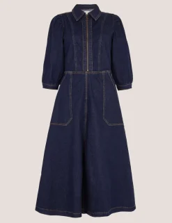 Denim Zip Front Midi Skater Dress