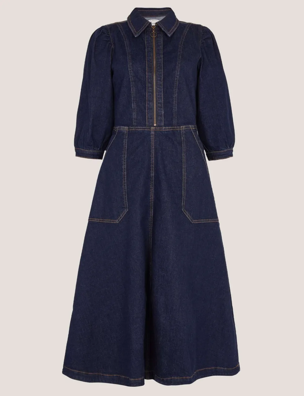 Denim Zip Front Midi Skater Dress