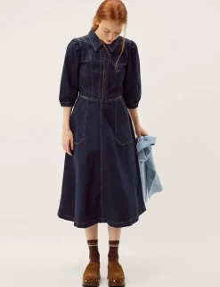 Denim Zip Front Midi Skater Dress