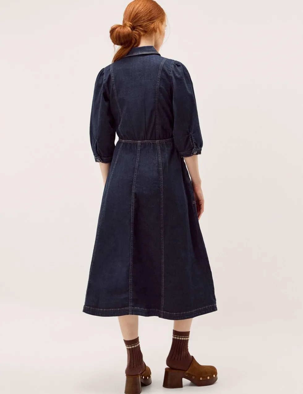 Denim Zip Front Midi Skater Dress