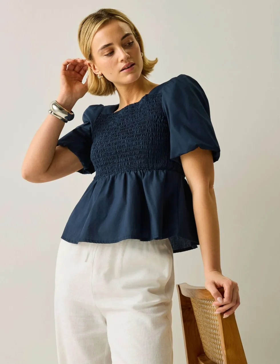 Diani Pure Cotton Shirred Peplum Top