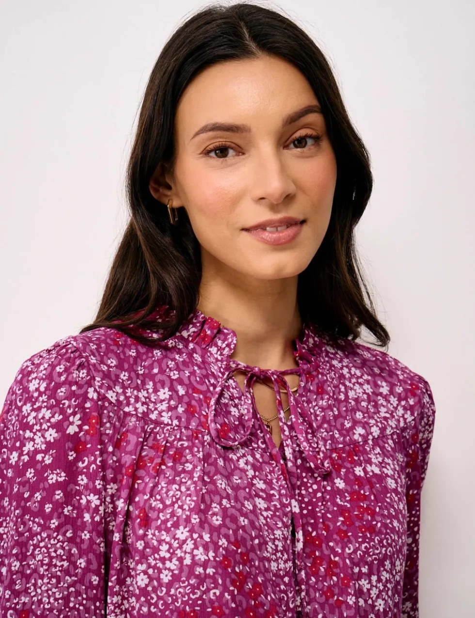 Ditsy Floral Tie Neck Button Through Blouse