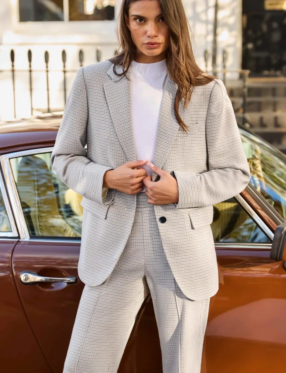 Dogtooth Wide Leg Flared Trousers
