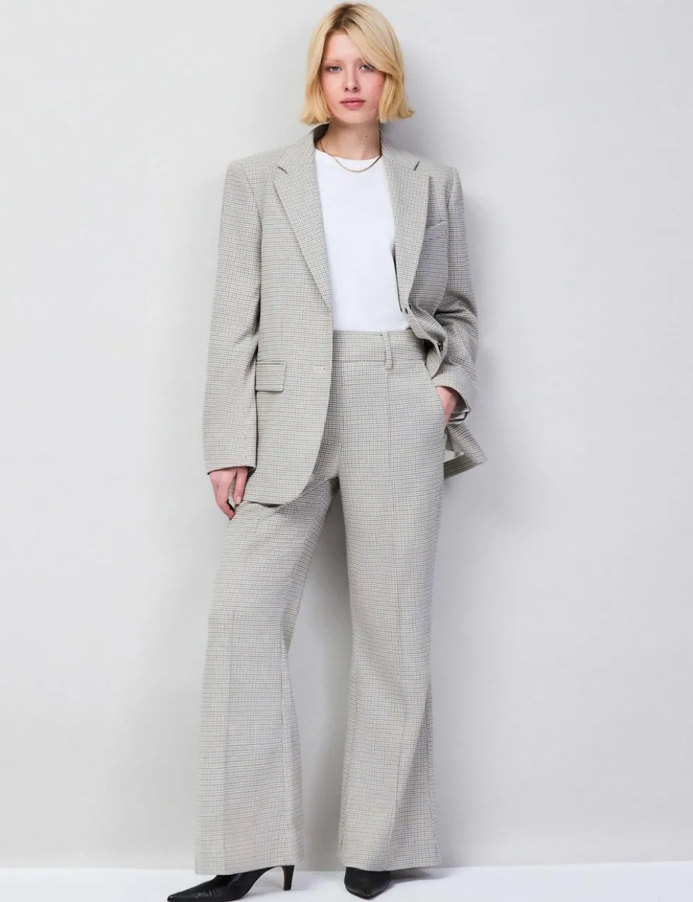 Dogtooth Wide Leg Flared Trousers