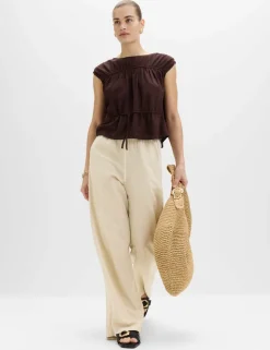Drawstring Wide Leg Trousers with Linen