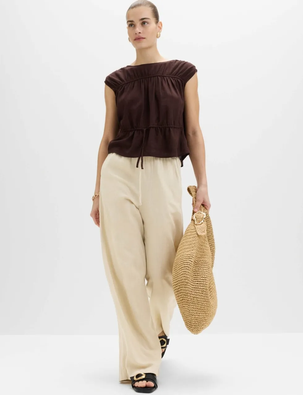 Drawstring Wide Leg Trousers with Linen