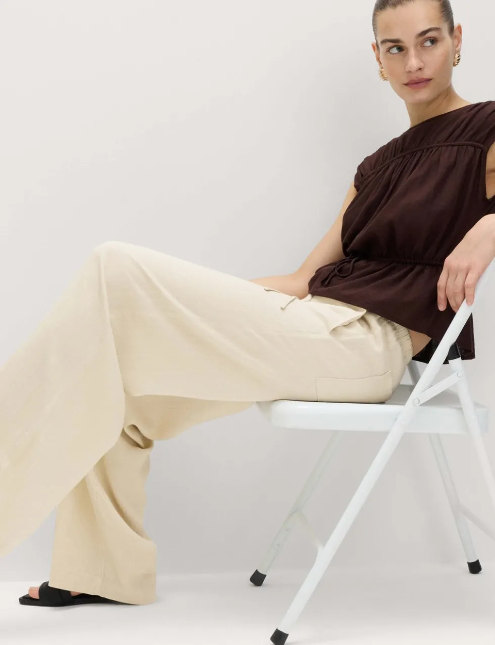 Drawstring Wide Leg Trousers with Linen
