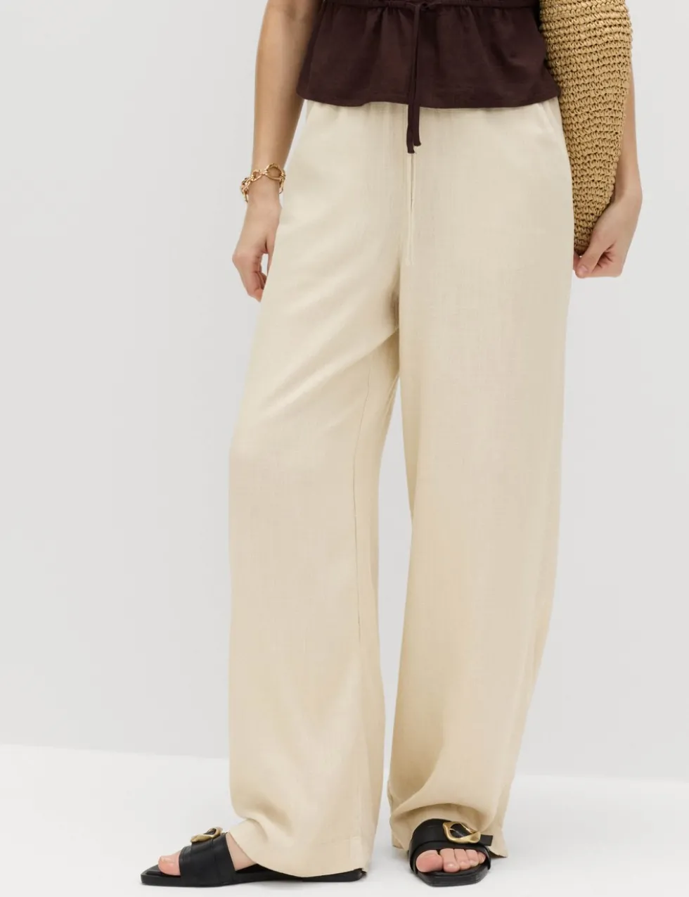 Drawstring Wide Leg Trousers with Linen