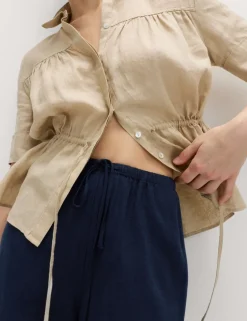 Drawstring Wide Leg Trousers with Linen