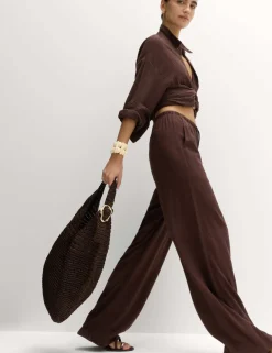 Drawstring Wide Leg Trousers with Linen