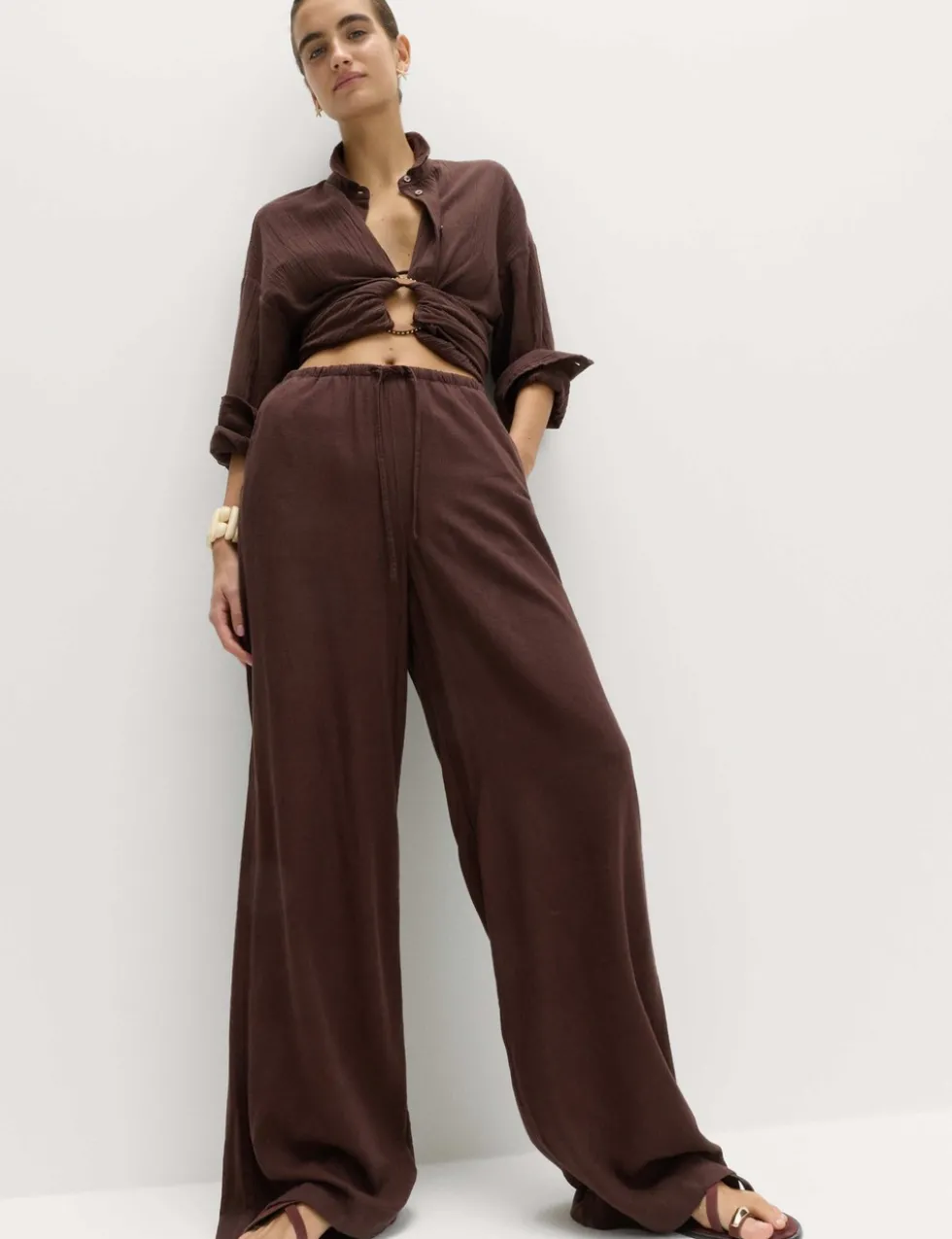 Drawstring Wide Leg Trousers with Linen