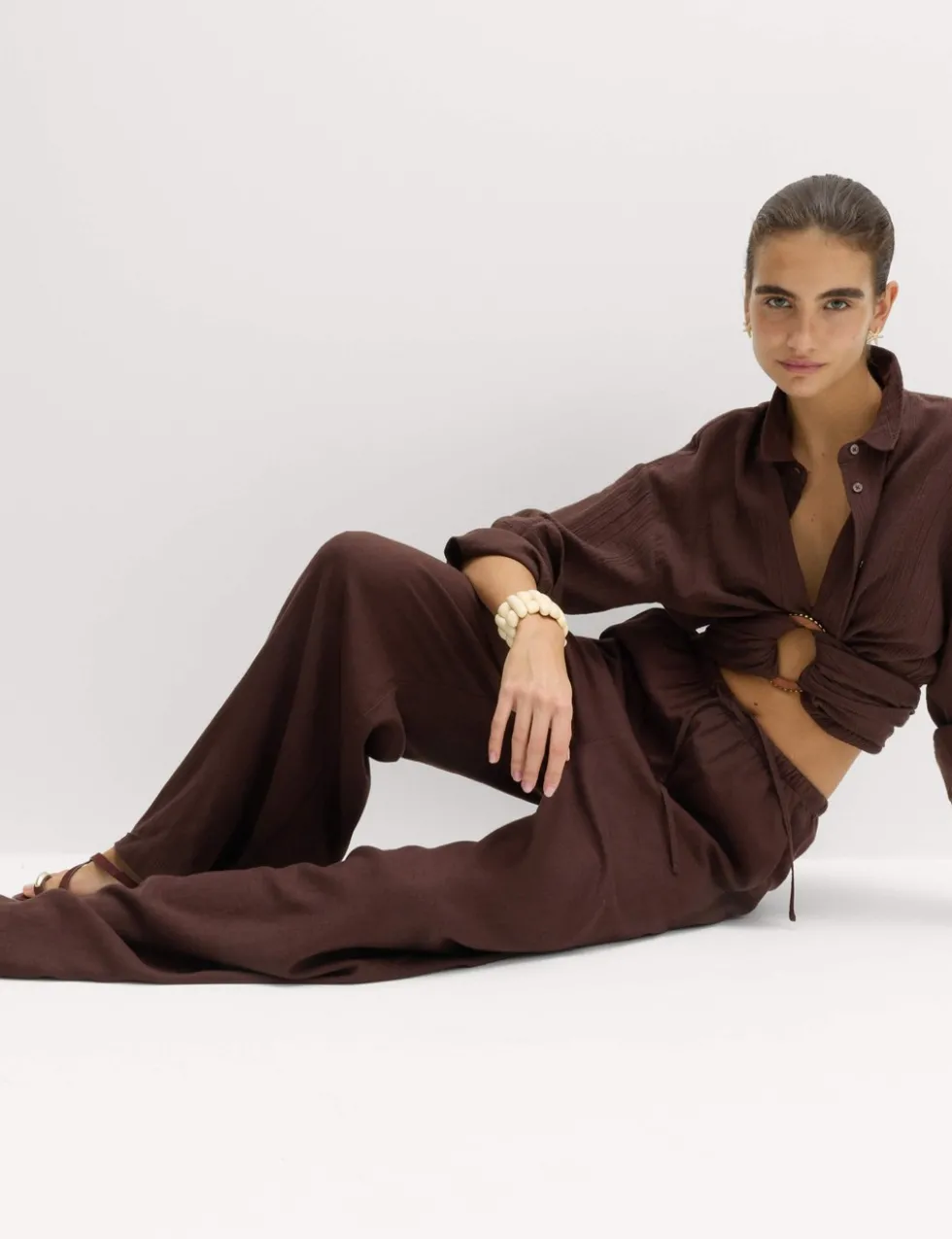 Drawstring Wide Leg Trousers with Linen