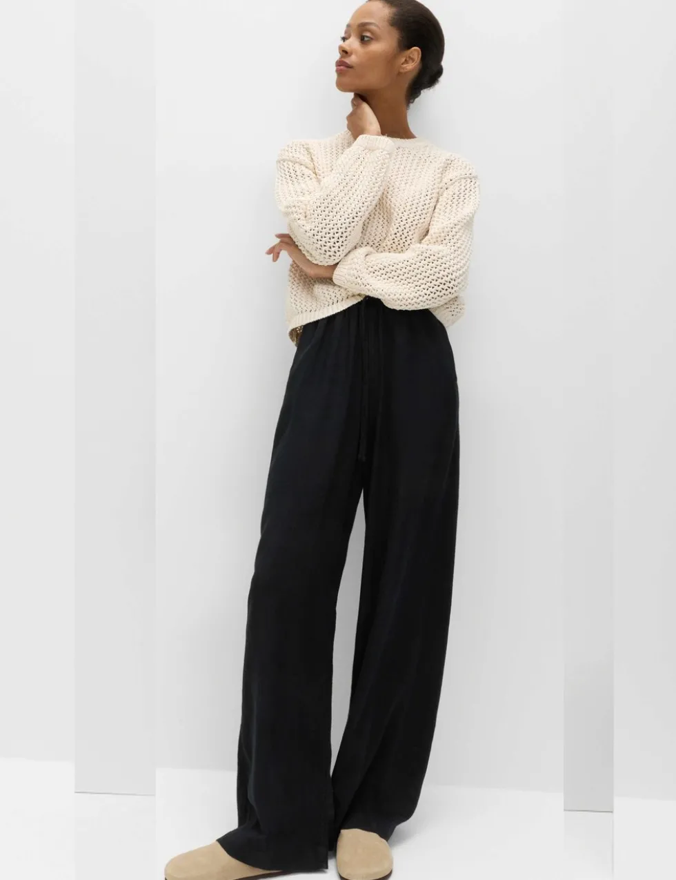Drawstring Wide Leg Trousers with Linen