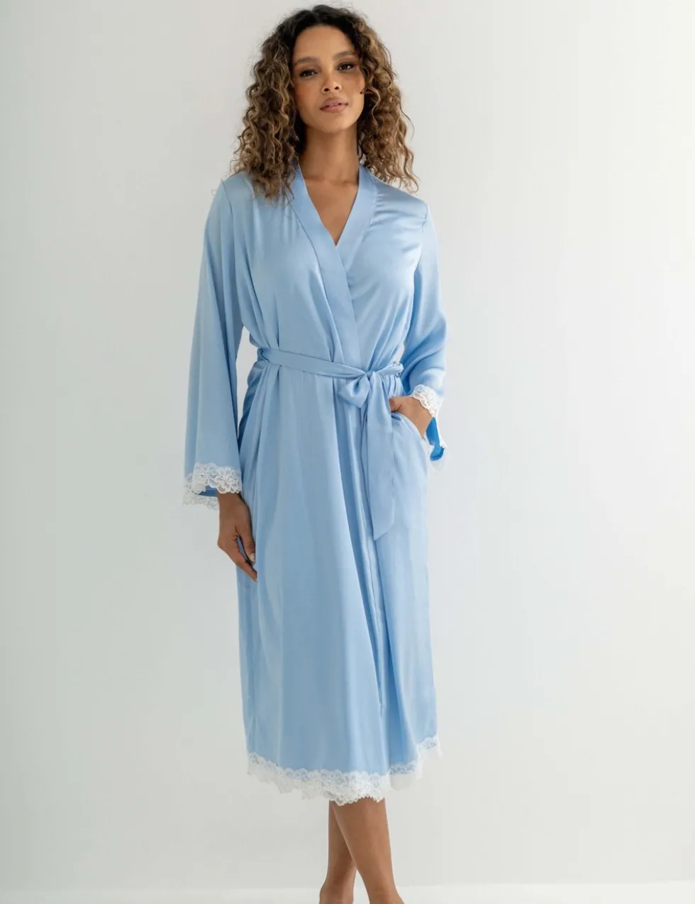 Dusk Satin and Lace Kimono Sleeve Dressing Gown