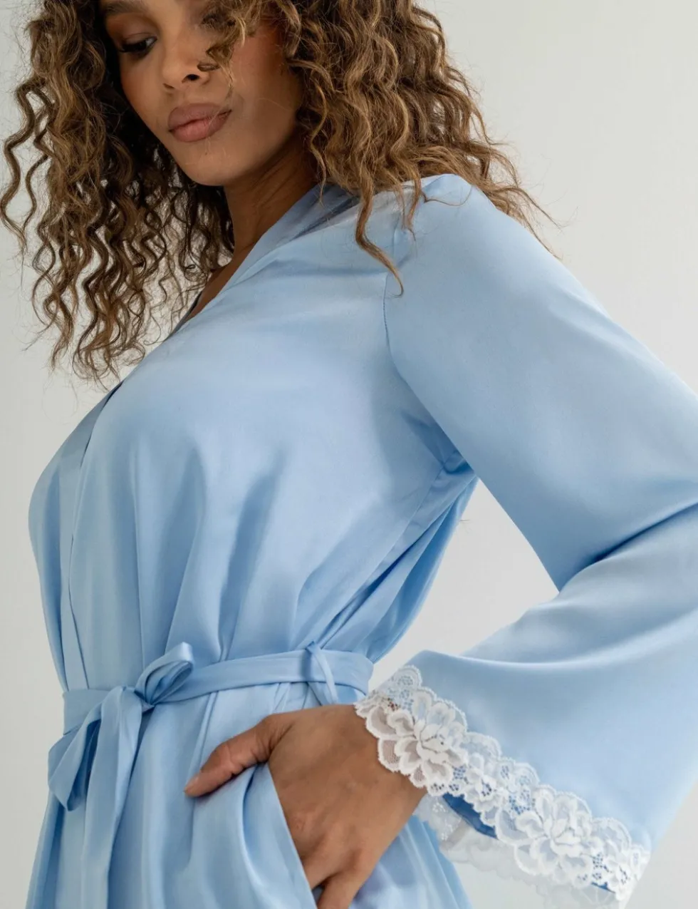 Dusk Satin and Lace Kimono Sleeve Dressing Gown