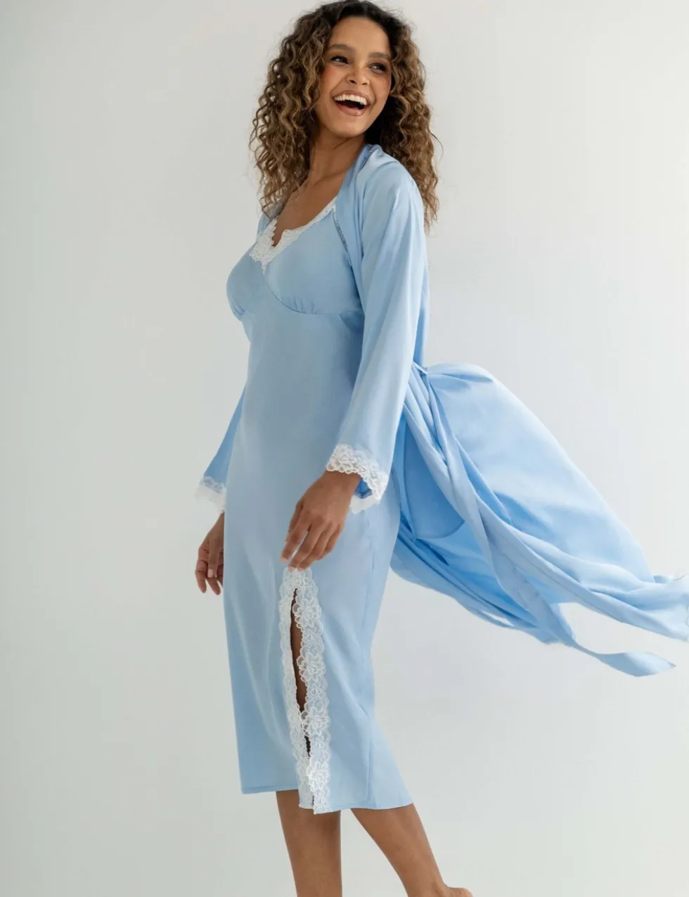 Dusk Satin and Lace Kimono Sleeve Dressing Gown